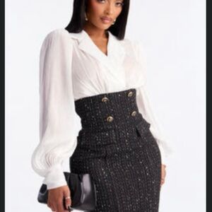Elegant Puff Sleeve Tweed Midi Dress - Black/White